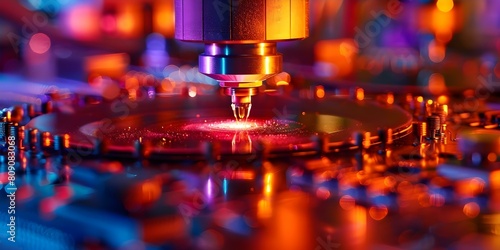 Closeup of CVD chamber depositing thin films onto wafer surface. Concept Chemical Vapor Deposition, Thin Film Deposition, Semiconductor Manufacturing, Wafer Coating, CVD Chamber Technology