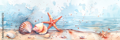 Watercolor illustration of beach scene with starfish, shells, and splashing waves on sandy shore banner. Panoramic web header. Wide screen wallpaper