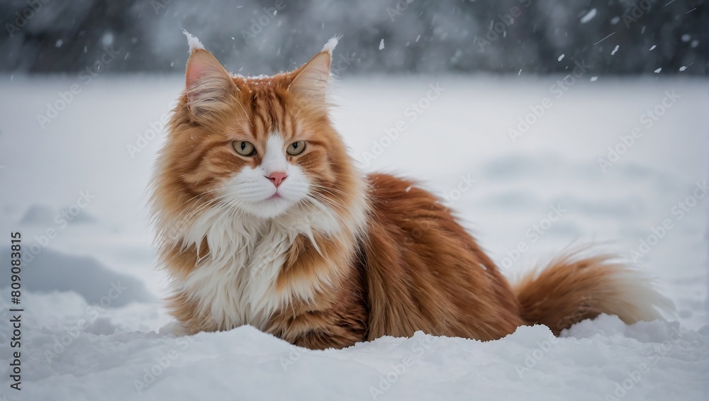 red norwegian forest cat sitting in the forest in winter with falling snow