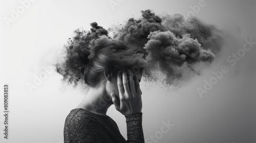 Woman with smoke emitting from head, depressed illustration