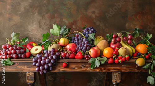 A table is covered with a variety of fruits  including apples  oranges