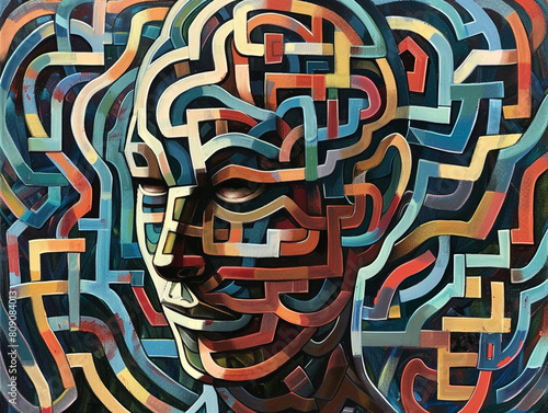 A woman s face is painted with a lot of strings and wires. Maze concept. The painting is abstract and has a lot of texture