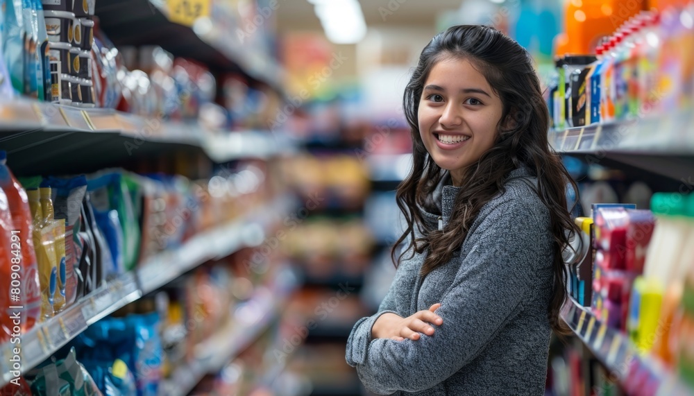 Smiling young woman in grocery store aisle.