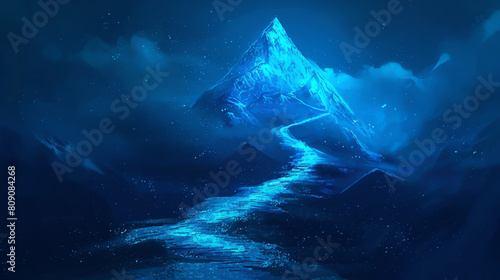 A glowing blue stone path leading up to the top of an icy mountain peak