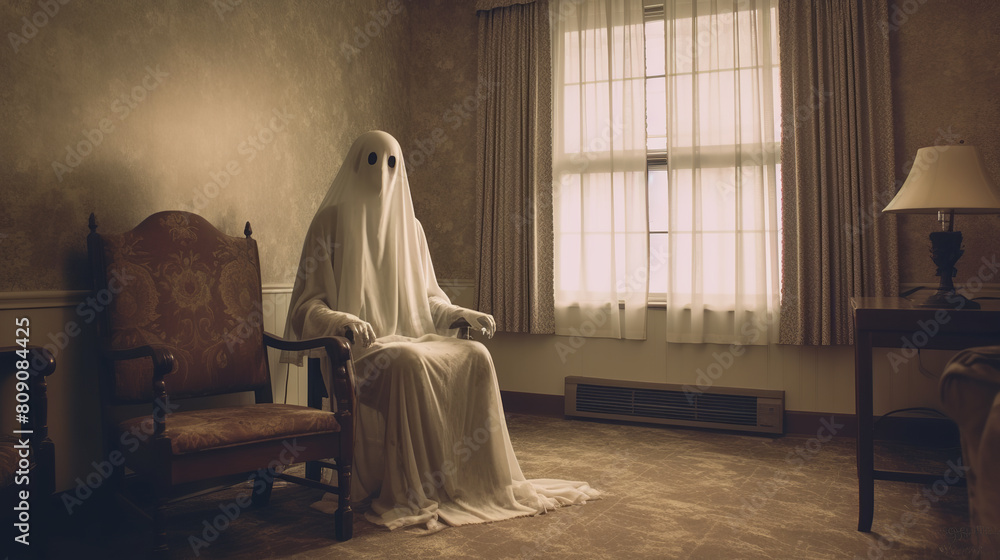 Ghostly figure scary ghost wearing white cloth with two eye holes, in haunted hotel room, vintage Ghostly figure scary ghost wearing white cloth with two eye holes, in haunted hotel room, vintage