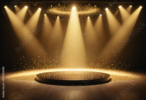 Golden podium with light and particles. Stage with gold spotlight on stage. Empty space 