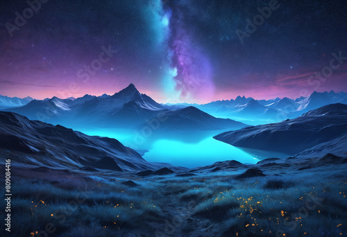 Northern lights over the mountains and lake in blue shades. Blue and purple beautiful landscape