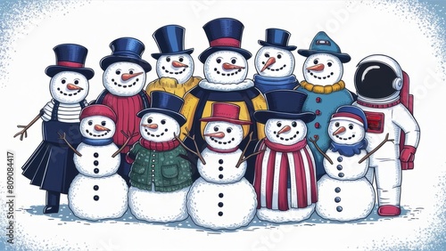 A charming group of snowmen in various classic outfits, including one in an astronaut suit, against a speckled blue background. AI-generated. (ID: 809084417)