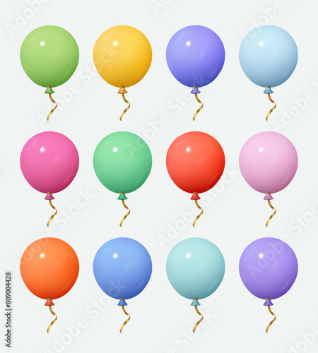 Set of round helium balloons isolated on white. Festive elements in realistic cartoon style. Vector 3d illustration