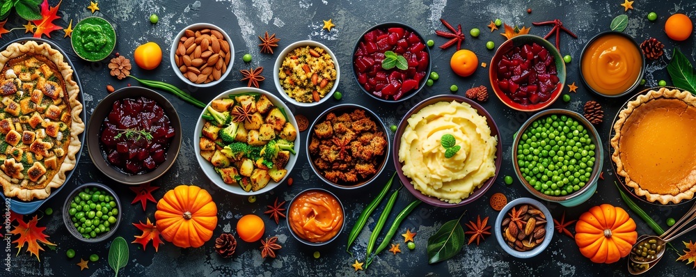 A vibrant overhead flat lay of various Thanksgiving dishes mashed potatoes, stuffing, green beans, and pumpkin pie, arranged artistically for a festive pattern design. A vibrant overhead flat lay of various Thanksgiving dishes mashed potatoes, stuffing, green beans, and pumpkin pie, arranged artistically for a festive pattern design.