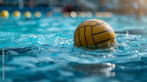 A water polo ball floats on the surface of a pool, reflecting the surrounding environment. © Prostock-studio