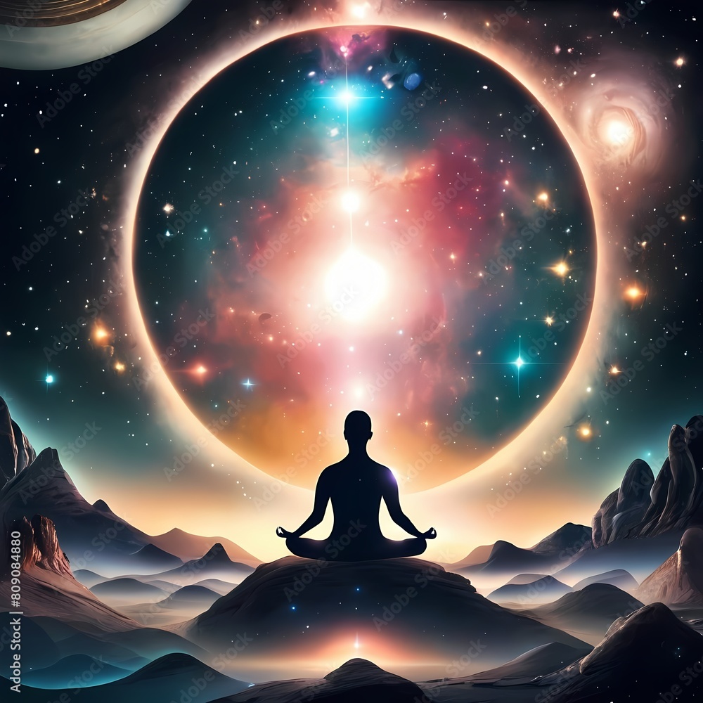 Silhouette of a Man in a Meditation Pose sitting on Mountain Peak with Aura from Universe Background, Abstract Meditation Concept, Illustration Image Generative AI Silhouette of a Man in a Meditation Pose sitting on Mountain Peak with Aura from Universe Background, Abstract Meditation Concept, Illustration Image Generative AI