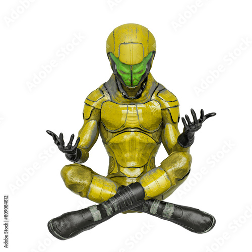 alien soldier is in meditation on yoga pose