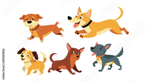 Cartoon dog. Active pet animal  cute puppy and dogs in different poses  running  jumping and sleeping character vector illustration set. Active and playful domestic pets vector illustration