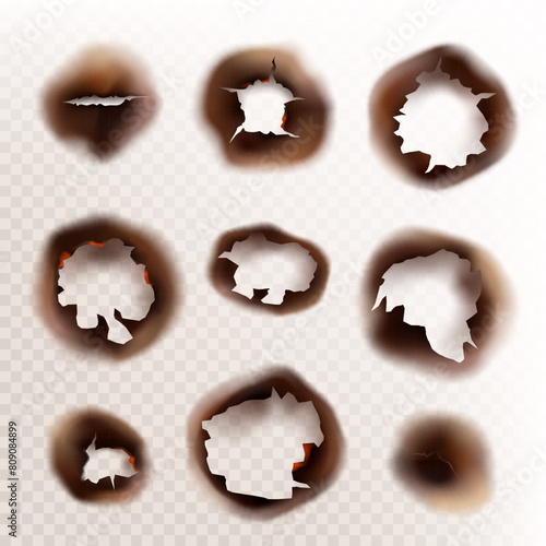 Burnt paper holes isolated set. Fire scorched and torn edges of paper sheets with burned damages. Vector image