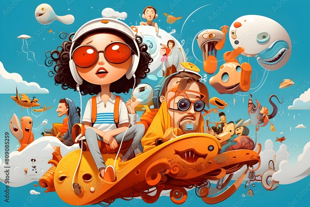 Cartoon Sticker with Dazzling Ray Tracing Reflections in Vivid Acidwave Style Cartoon Sticker with Dazzling Ray Tracing Reflections in Vivid Acidwave Style