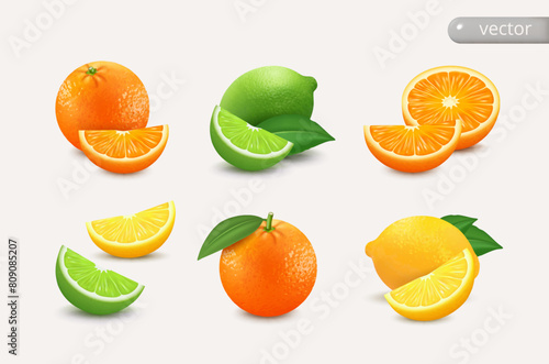 Set of citrus lemon, lime, orange - whole, cut half and slices on white background. Realistic 3d vector isolated