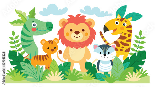 Jungle animals pattern. Funny cartoon seamless background with cute wild lion  funny monkey on liana  happy parrot and zebra. Safari wallpaper. Kids summer design  vector print