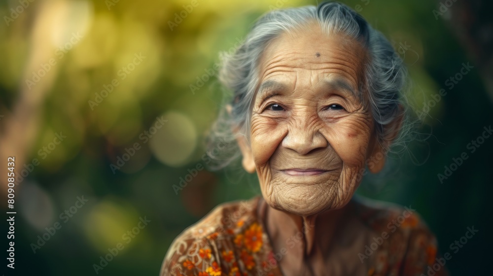 Elderly Asian woman smiling in a natural backdrop Elderly Asian woman smiling in a natural backdrop