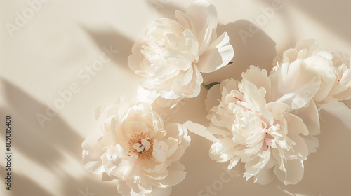 Elegant white peony flowers with sunlight shadows on neutral beige background. Flat lay  top view bohemian aesthetic floral composition