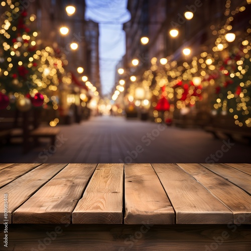 Wooden table with Christmas theme background. Generative AI.