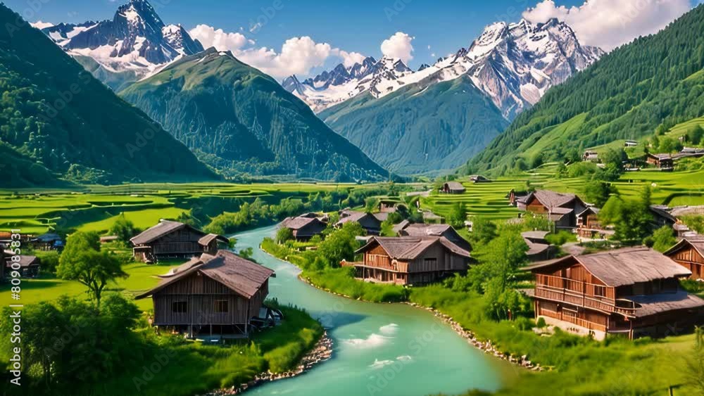 Video animation of mountain village nestled in a lush green valley. Traditional houses dot the landscape, surrounded by vibrant greenery Video animation of mountain village nestled in a lush green valley. Traditional houses dot the landscape, surrounded by vibrant greenery