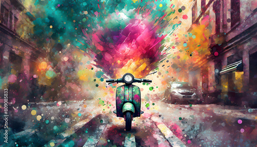 Abstract exploding photon riding an electric scooter on street on digital art concept.