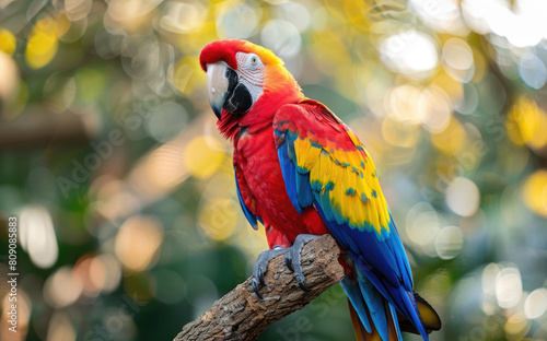 A colorful parrot is sitting on a branch. The parrot has red, yellow, blue, and green feathers. The background is blurred.