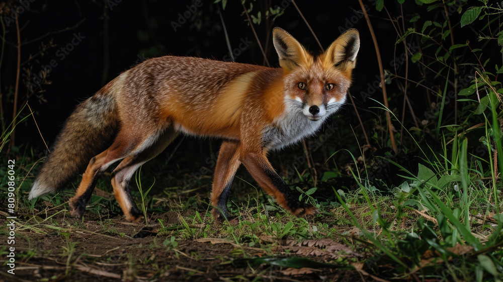 Fototapeta premium A red fox is walking through the forest at night. The fox is looking for food.