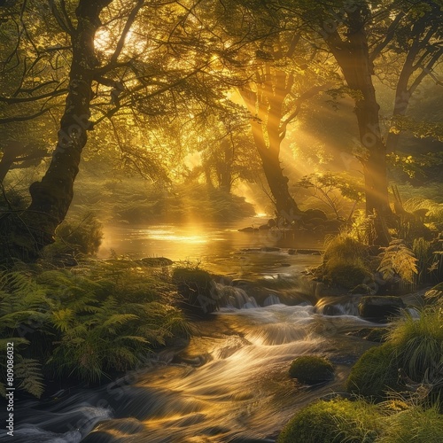 A stream of water flows through a forest  with the sun shining through the trees
