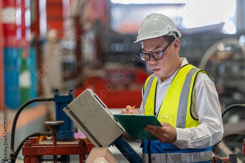 Asian male engineer in uniform inspection warehouse and check control heavy machine construction installation in industrial factory. technician worker check for repair maintenance operation system photo