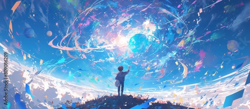 A young boy with brown hair stands on the edge of space, reaching out to touch planets and stars in an endless expanse of sky blue and rainbow colors.  photo