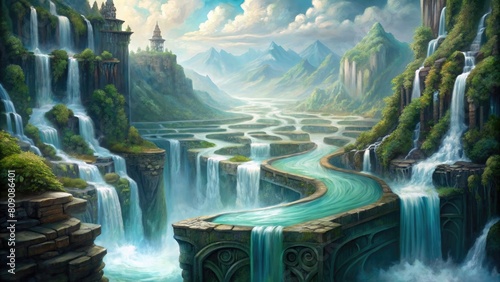 Fantasy landscape with waterfall and pagoda.