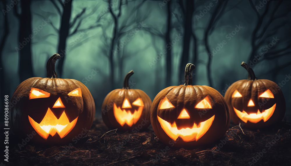 Halloween - Pumpkins In Spooky Forest With Tombs Halloween - Pumpkins In Spooky Forest With Tombs
