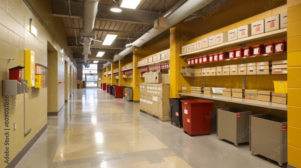 A brightly lit corridor inside a warehouse, lined with storage shelves filled with labeled boxes and red trash cans. A brightly lit corridor inside a warehouse, lined with storage shelves filled with labeled boxes and red trash cans.