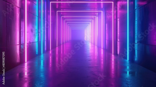 An abstract image of a long dark corridor with glowing purple and blue neon lights on the walls and reflecting on the wet floor.