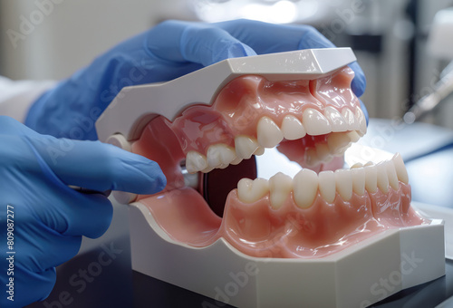 A dentist is examining a patient's teeth using a mouth mirror and explorer. 