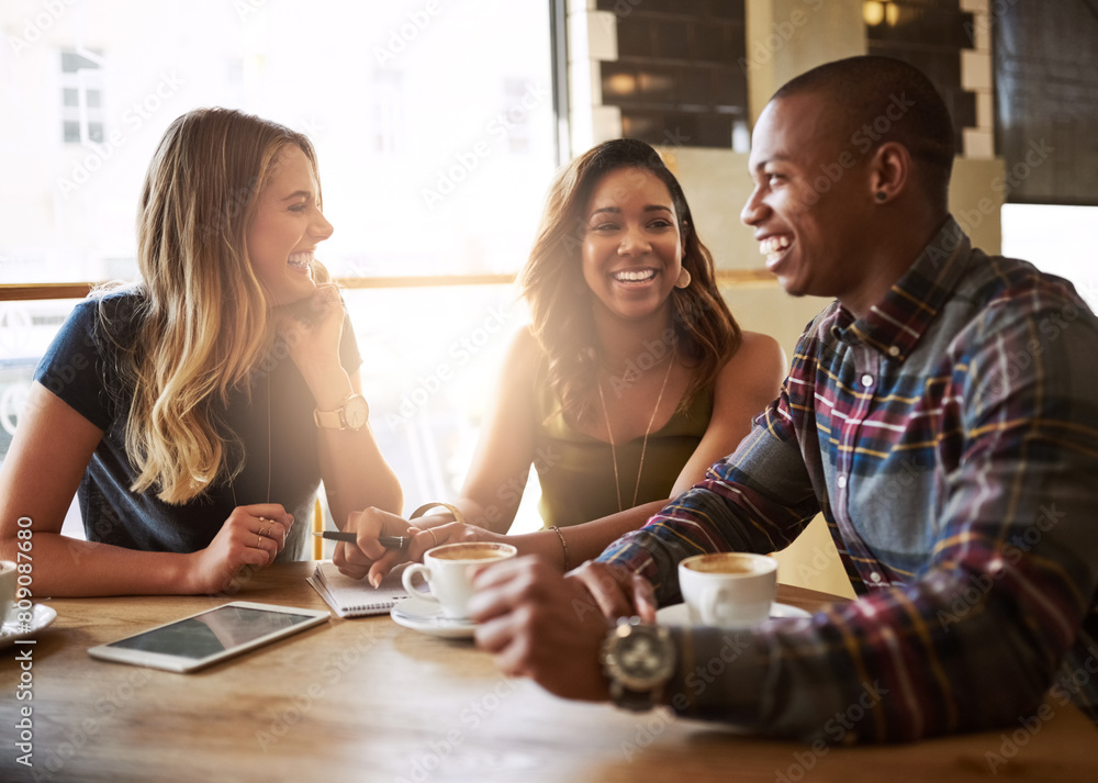 Valokuva Sunshine, group and friends in cafe, smile and coffee with catch up, communication and happiness