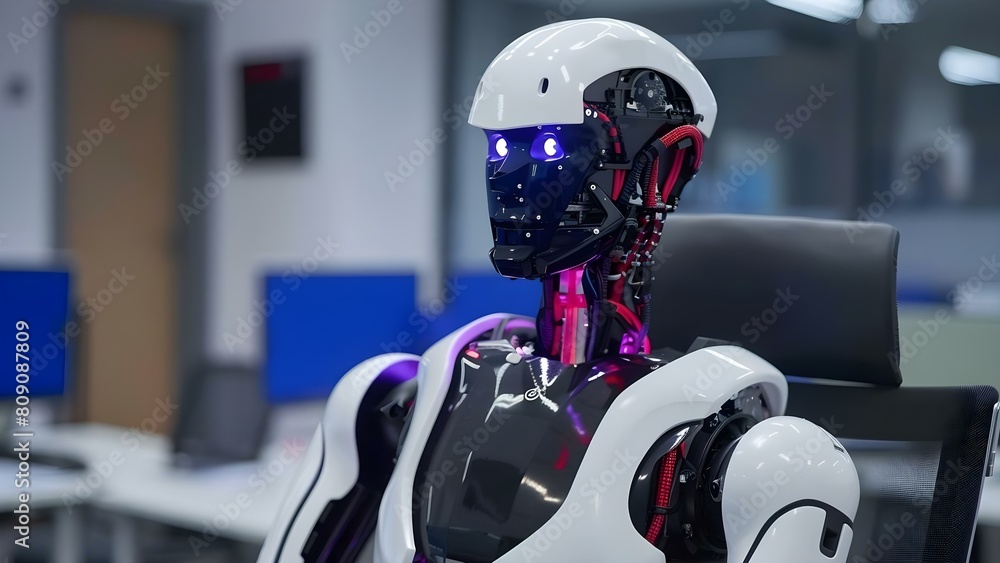 Futuristic robot replacing humans in job interview at modern office. Concept Futuristic Technology, Automation in Interviews, Robot versus Human, Workplace Innovation, Modern Office Trends Futuristic robot replacing humans in job interview at modern office. Concept Futuristic Technology, Automation in Interviews, Robot versus Human, Workplace Innovation, Modern Office Trends