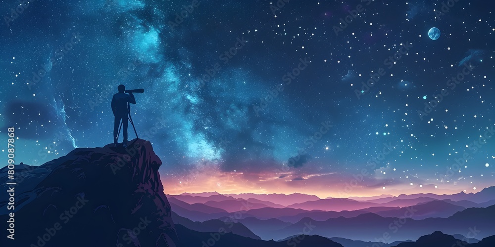 Intrepid Gazes Upon the Celestial Wonders of the Night Sky in a Stunning Mountain Landscape Intrepid Gazes Upon the Celestial Wonders of the Night Sky in a Stunning Mountain Landscape