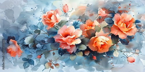 Vibrant Watercolor Florals with Blooming Roses and Lush Foliage © Thares2020