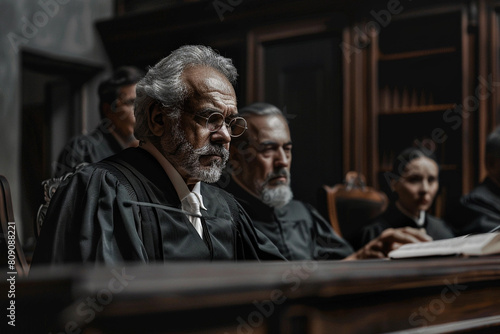 Magistrates, judges, prosecutors, and robed lawyers in a judicial proceeding photo