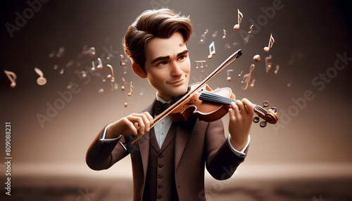 3D Caricature of Violinist: Elegantly Dressed Musician, Violinist 3D Caricature: Full-Body Male Musician, Elegant 3D Violinist Caricature: Full-Body Illustration photo