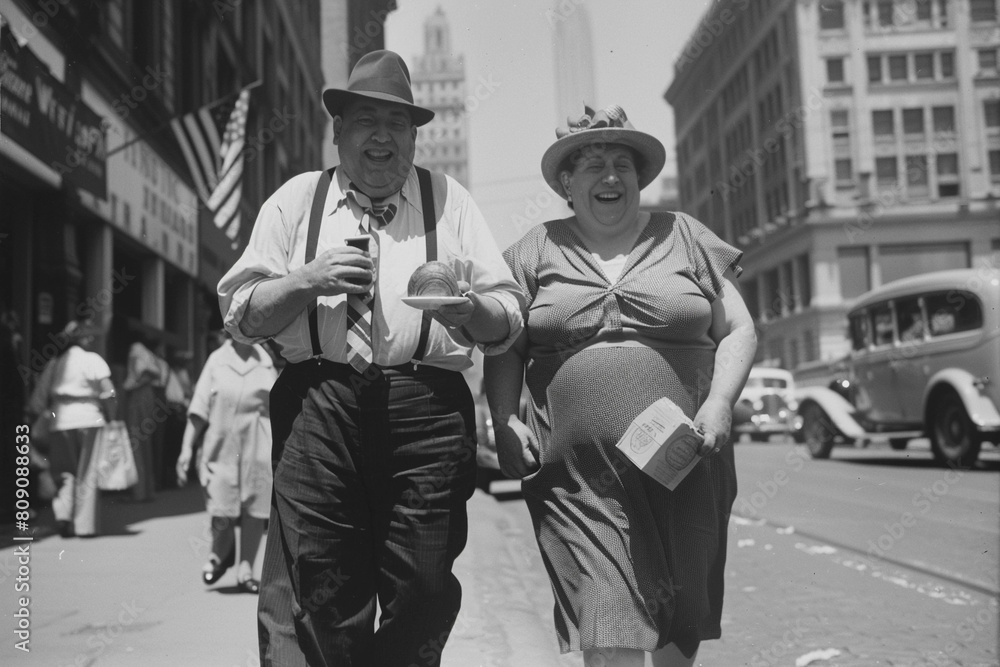 Image Mimicking Vintage Style Depicting an Obese Couple in Early 20th Century American City Eating Junk Food