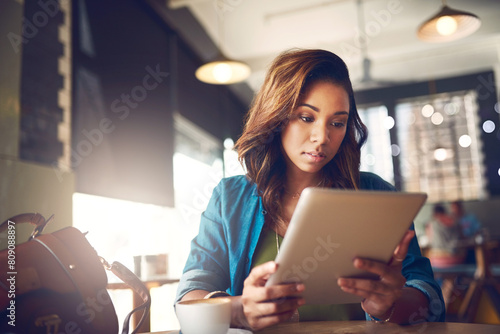 Coffee shop, relax and woman with tablet, internet and connection with ideas, email notification and network. Person, copywriting and girl in restaurant, technology or app with social media and break