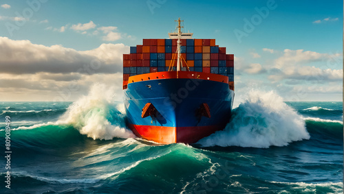 Cargo ship in a sea storm photo
