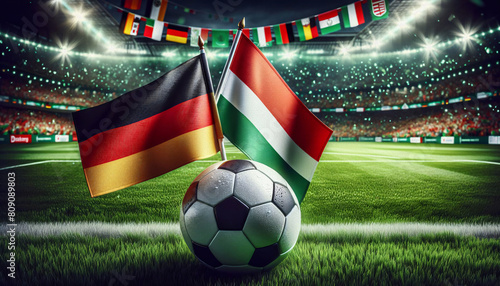 Länderflaggen von Deutschland und Ungarn mit einem Fußball in der Mitte, Fußball EM 2024, Europameisterschaft photo