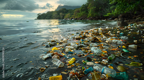 A troubling scene of plastic debris strewn along a serene coastline, highlighting urgent environmental issues and the need for action