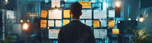 Entrepreneur reviewing a business model canvas in a modern office, visual aids highlighting key market strategies, moody lighting photo