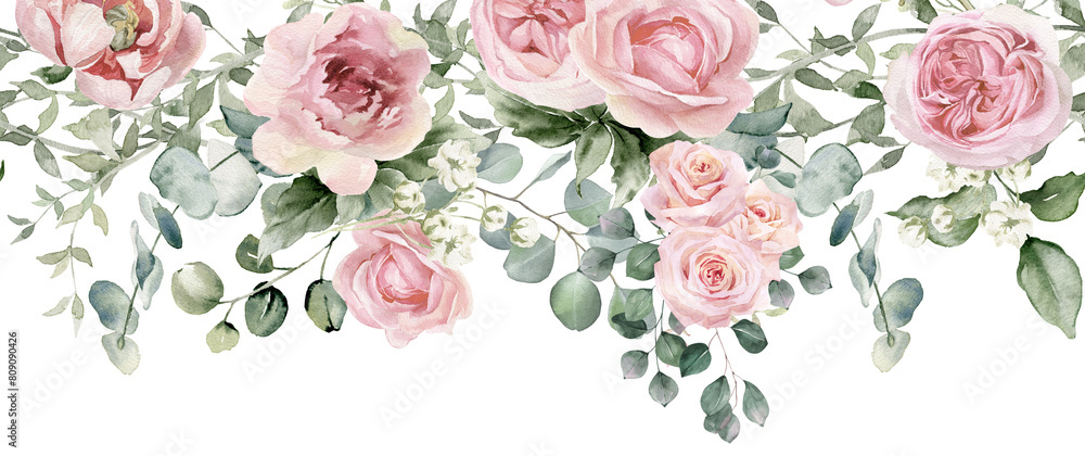 Watercolor seamless floral border. Light pink roses flowers and eucalyptus greenery. Ideal for creating invitations, greeting and wedding cards